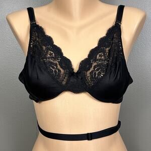 Vintage Vassarette Low Back Bra 36C Black Nylon Lace Underwire USA Made 4255